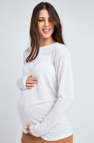 תמונה של חולצת הריון ניקי דמוי פשתן ש.ארוך לבנה