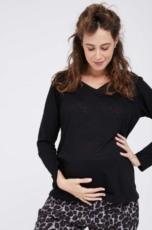 תמונה של חולצת הריון V דמוי פשתן ש.ארוך אבן