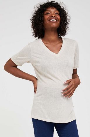 תמונה של חולצת הריון V דמוי פשתן ש.קצר אבן