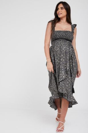 תמונה של שמלת סטרפלס להריון קאיה הדפס שחור זהב