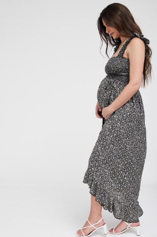 תמונה של שמלת סטרפלס להריון קאיה הדפס שחור זהב