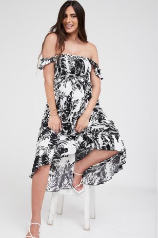 תמונה של שמלת סטרפלס להריון קאיה הדפס שחור לבן