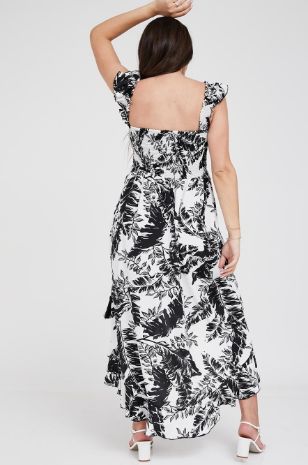 תמונה של שמלת סטרפלס להריון קאיה הדפס שחור לבן