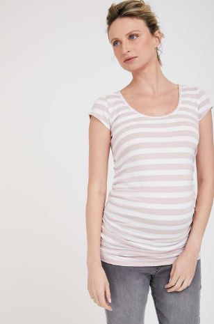 תמונה של חולצת הריון Baby Grow ש.קצר פסים ורוד לבן