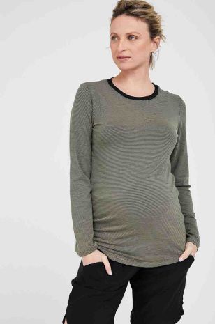 תמונה של חולצת הריון ניקי ש.ארוך זית פס שחור