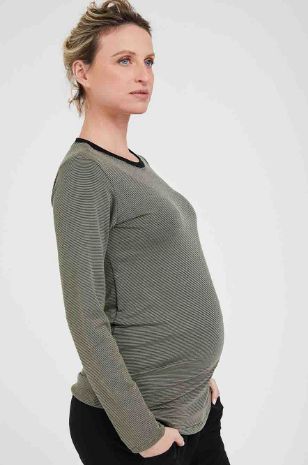 תמונה של חולצת הריון ניקי ש.ארוך זית פס שחור