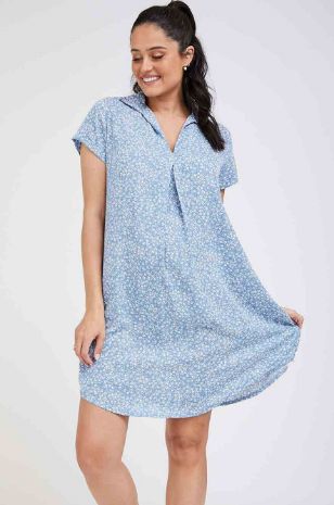 תמונה של שמלת אוברסייז להריון מגי הדפס תכלת