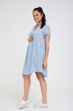 תמונה של שמלת אוברסייז להריון מגי הדפס תכלת