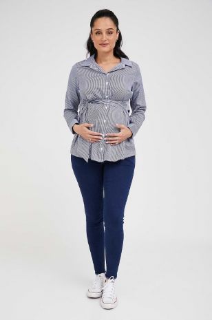תמונה של חולצת הריון לינדוס משבצות כחול אפור
