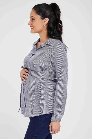 תמונה של חולצת הריון לינדוס משבצות כחול אפור