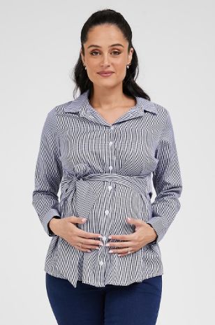 תמונה של חולצת הריון לינדוס משבצות כחול אפור
