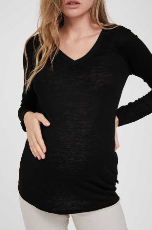 תמונה של חולצת הריון V דמוי פשתן ש.ארוך שחורה