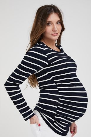 תמונה של חולצת הריון בייבי ניקי ש.ארוך פסים נייבי