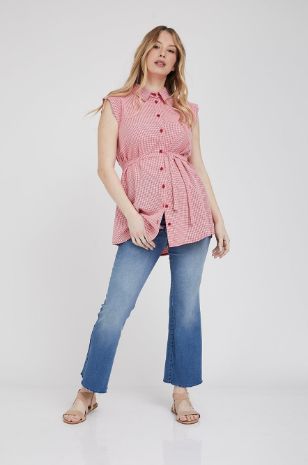 תמונה של חולצה גברית להריון לי אדום משבצות