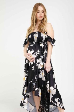 תמונה של שמלת אלינה להריון שחור פרחים