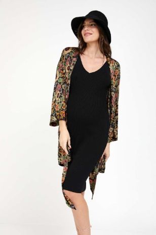 תמונה של קימונו סאטן להריון שחור פרחים