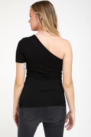 תמונה של טי-שירט הריון כתף אחת וקפלונים שחורה