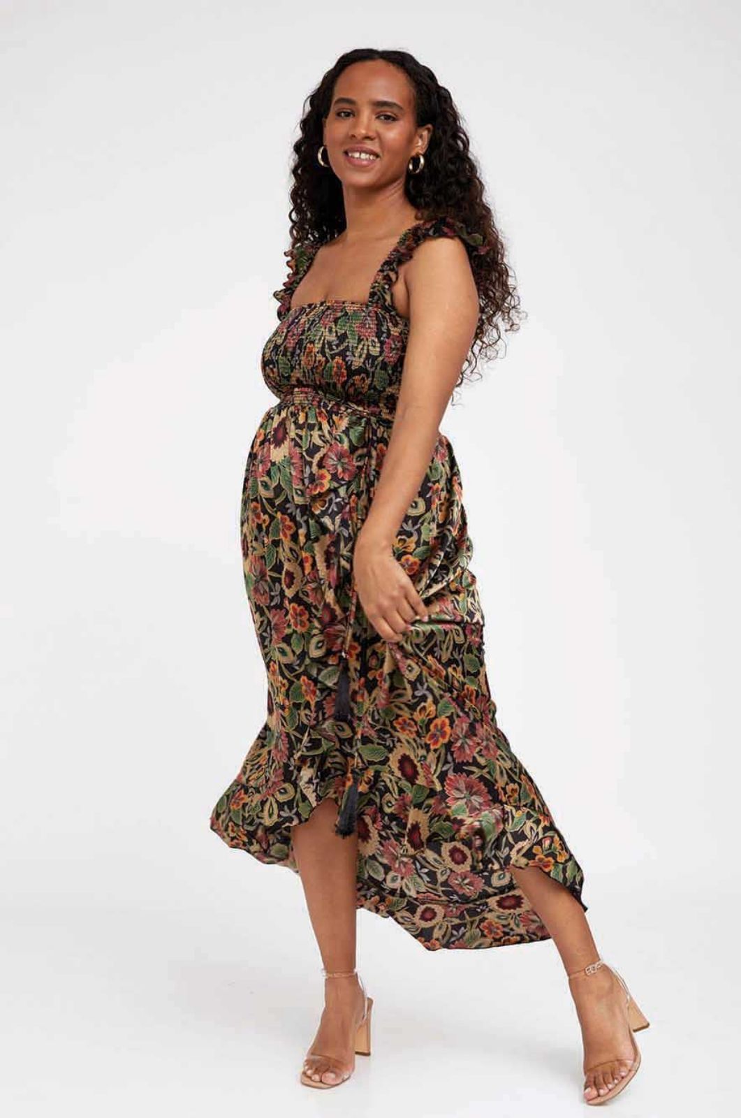 שמלת הריון אלינה שחורה עלים פרחוניים	