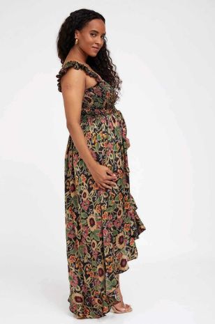 שמלת הריון אלינה שחורה עלים פרחוניים	