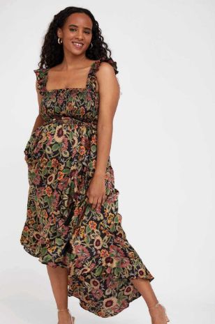 שמלת הריון אלינה שחורה עלים פרחוניים	