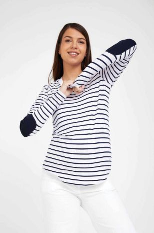 חולצת הריון טלאים לבן פס נייבי	