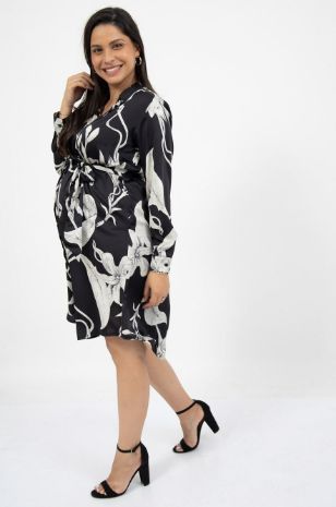 שמלת הריון רומא הדפס שחור פרח לבן