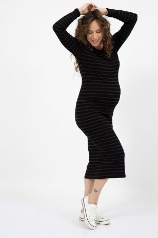 תמונה של שמלת הריון סימון ש.ארוך שחור פס זית