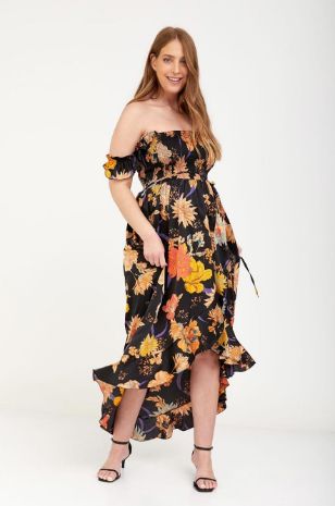 אבישג ארבל - שמלת אלינה להריון שחור פרחוני