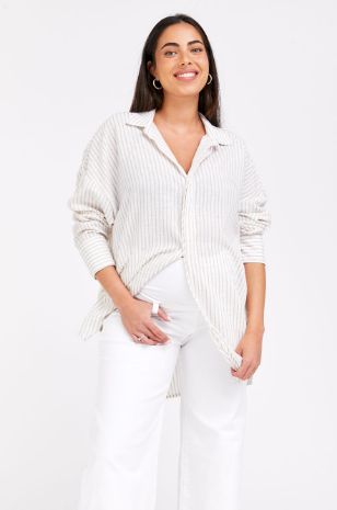 הנבחרים של ורוני דלומי חולצת הריון אוברסייז גברית שמנת פס תכלת