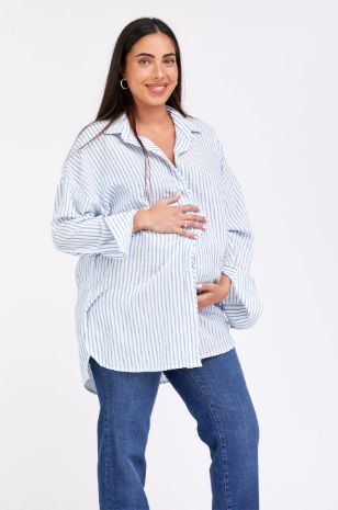 הנבחרים של ורוני דלומי חולצת הריון אוברסייז גברית שמנת פס תכלת